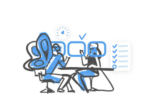Illustration of two people engaging in a collaborative discussion at a table, with interactive checkmarks and completed tasks indicating progress and successful teamwork.