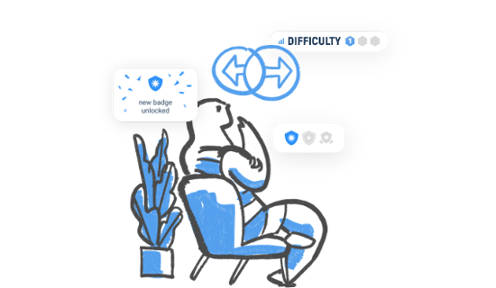 Illustration of a person thoughtfully sitting in a chair, considering interactive elements indicating adjustable difficulty levels, unlocked badges, and reflective decision-making.