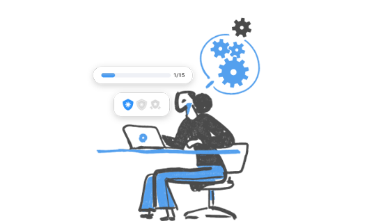 Illustration of a person working at a laptop, with icons indicating progress, achievements, and gears symbolizing active thinking and learning.